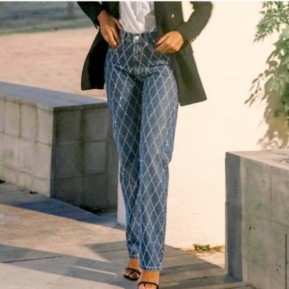 Zara Rhinestone Jeans Blue Jewel Size 2 - Picture 4 of 16